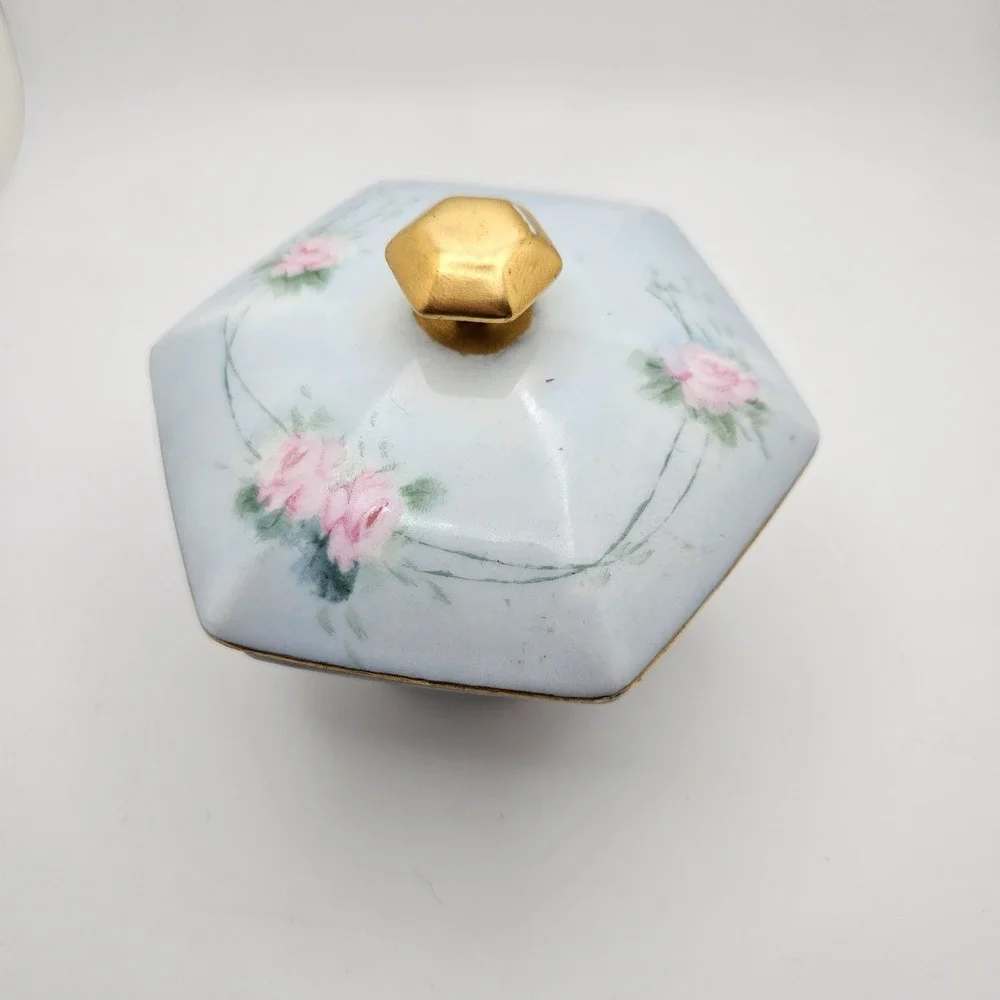 Antique T&V Limoges France 3 Pc Vanity Set Blue Pink Roses Tray‎ Powder Jar